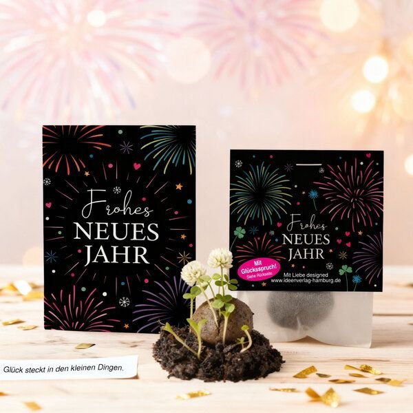 Ideenverlag Hamburg 10 „Silvester“ Klee-Samenbomben mit Glücksspruch & 10 Geschenkkarten „Frohes Neues Jahr“ | Nachhalti...