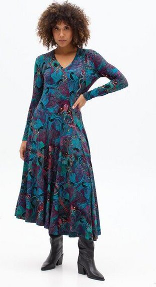 Kleid Lia – Maxikleid mit ausgestelltem Rock – Lange Ärmel – V-Ausschnitt – Versteckte Taschen – Farbenfroher einzigarti...