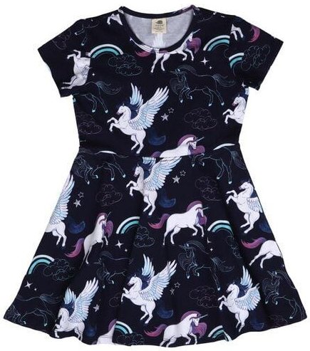 Kinder Skaterkleid GOTS zertifiziert, Bio-Baumwolle, dunkelblau, Einhorn-Pegasus-Muster, Kurzarm – Walkiddy