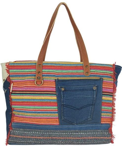 Sunsa XXL Handtasche aus recycelte Jeans, canvas & Leder. Nachhaltige Schultertasche. Shopper mit Streifen Design