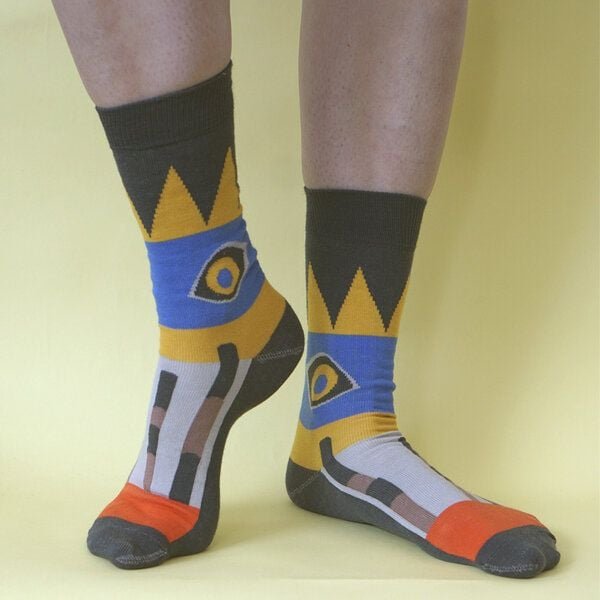 Fräulein Prusselise Inka Socke Tiger Auge, blau, gelb, grau, bunt gemustert Story