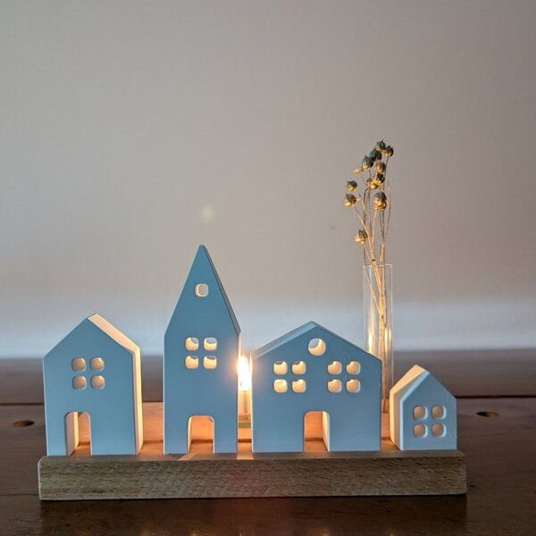 Baumkrone Keramik-Miniatur-Häuschen (4er-Set) mit Holzständer