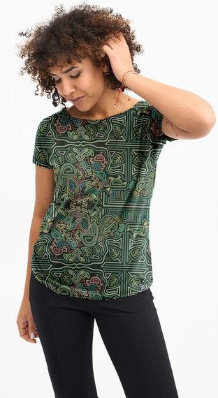 Thumbnail - Bluse Fine – Viskose mit Elasthan – T-Shirt mit Rundhalsausschnitt – farbenfroher einzigartiger Print von KOKOworld – Fa...