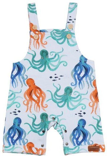 Baby Strampler Latzhose GOTS zertifiziert, 95% Bio-Baumwolle, weiß/orange, Oktopus-Muster, ärmellos – Walkiddy