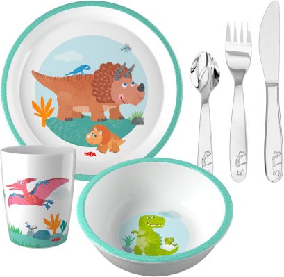 Kindergeschirr-Set Dino, Kindergeschirr mit Besteck, 6-teilig