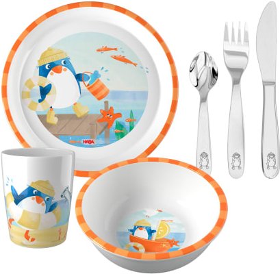 Kindergeschirr-Set Pinguin, Kindergeschirr mit Besteck, 6-teilig