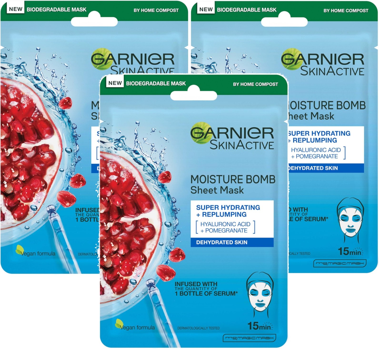 Garnier Moisture Bomb Pomegranate and Hyaluronic Acid Face Sheet Mask Trio