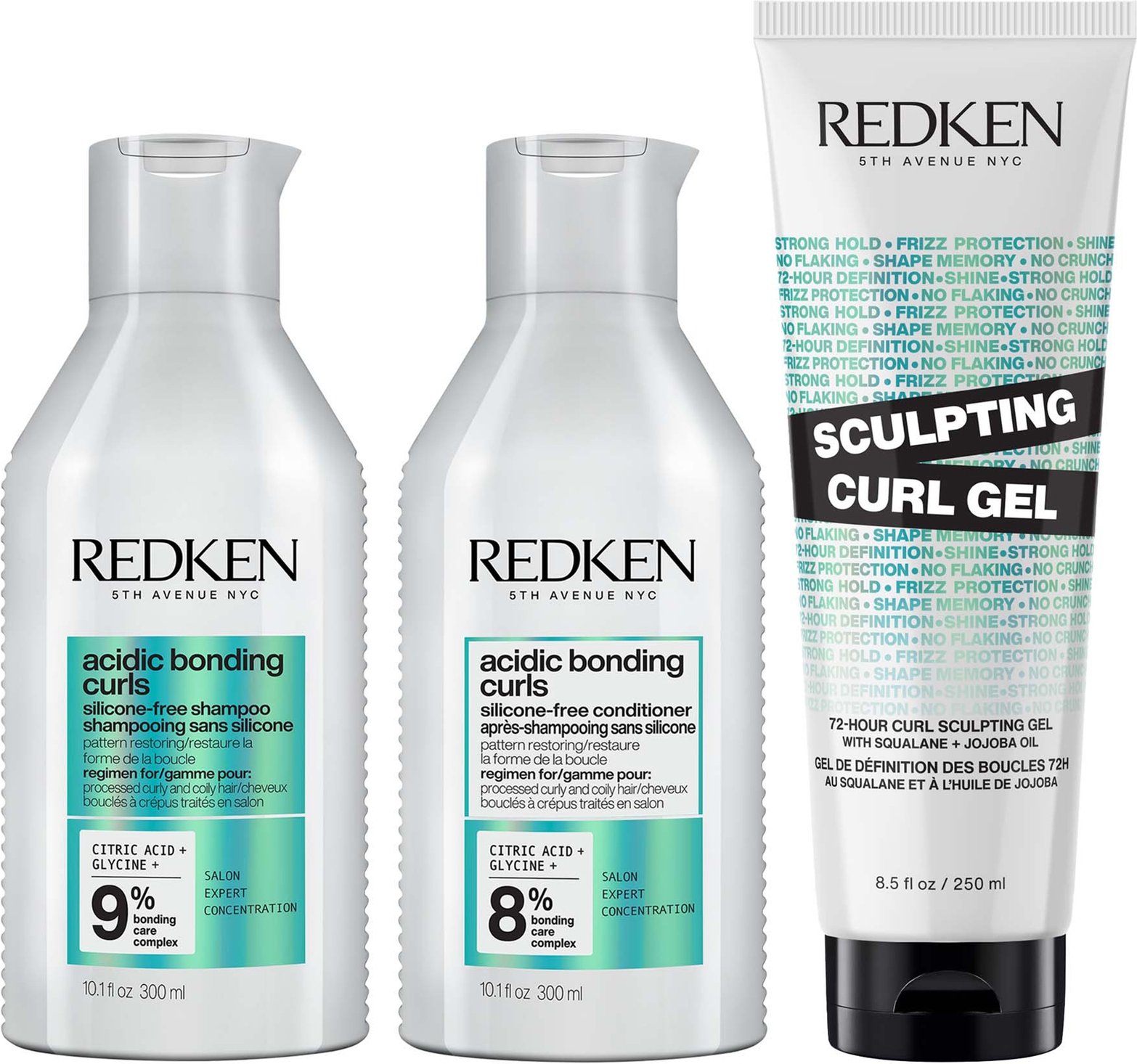 Redken Acidic Bonding Curls Shampoo Conditioner and Sculpting Curl Gel Bonding Care Bundle for Curls and Coils
