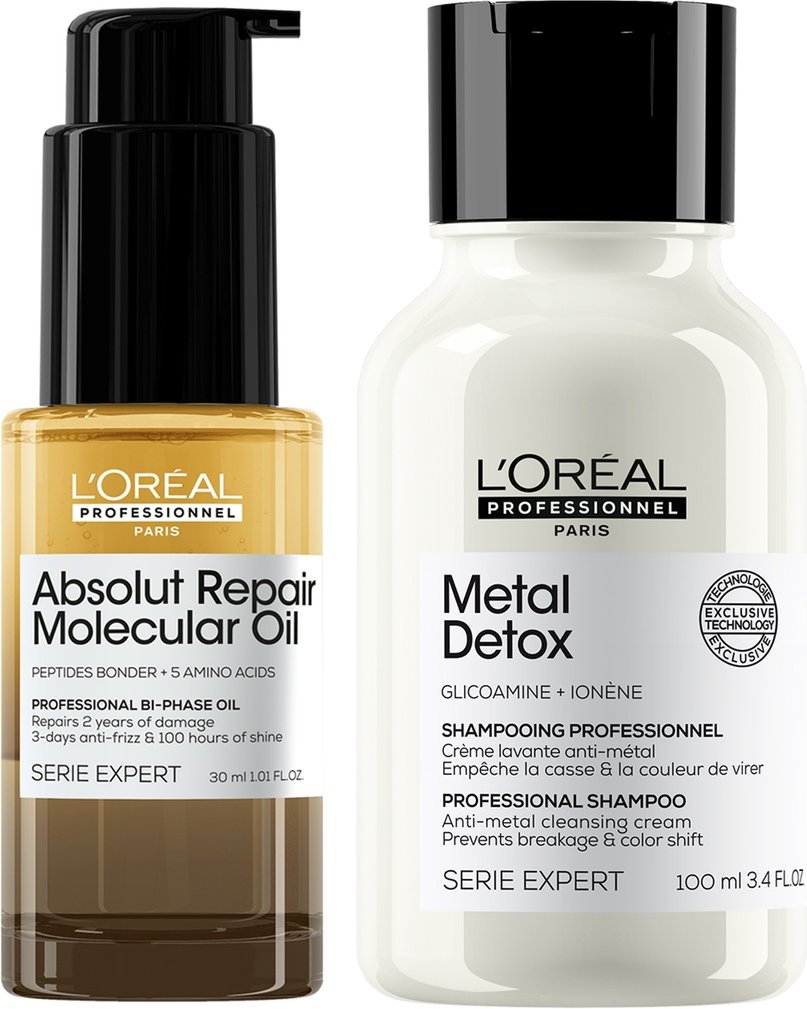 L'Oréal Professionnel Mini Protect & Repair Set: Metal Detox Clarifying Shampoo 100ml & Absolut Repair Molecular Hair Oi...