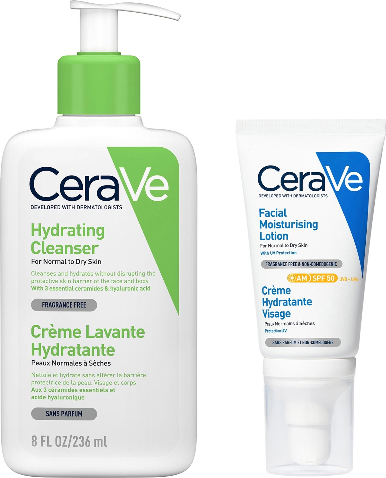 CeraVe Morning Face Routine for Dry Skin, Hydrating Cleanser and Moisturiser with SPF 50