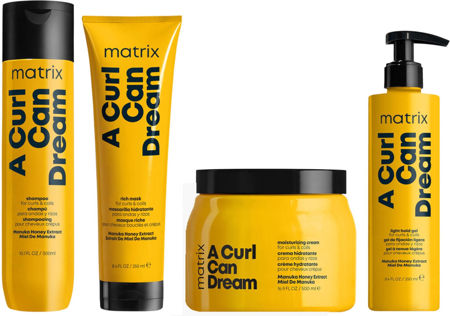 Matrix A Curl Can Dream Manuka Honey Infused Shampoo, Mask, Leave-in Cream and Hair Gel for Curls and Coils