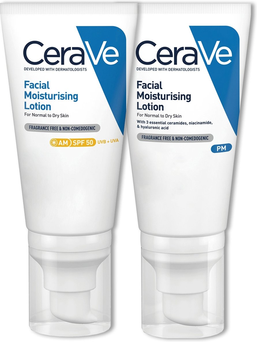 CeraVe Day & Night Facial Moisturising Duo for Dry Skin with SPF 50 and Niacinamide
