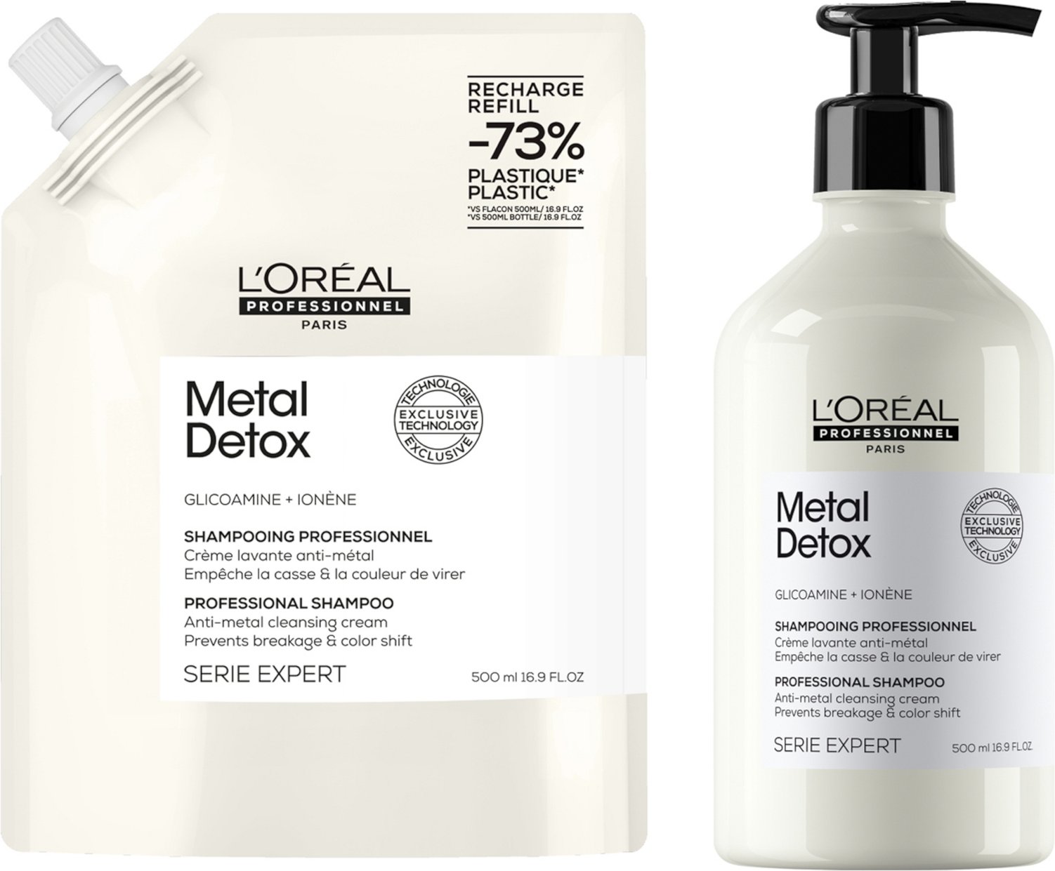 L’Oréal Professionnel Metal Detox Shampoo 500ml and Refill Pack 500ml for breakage & colour protection