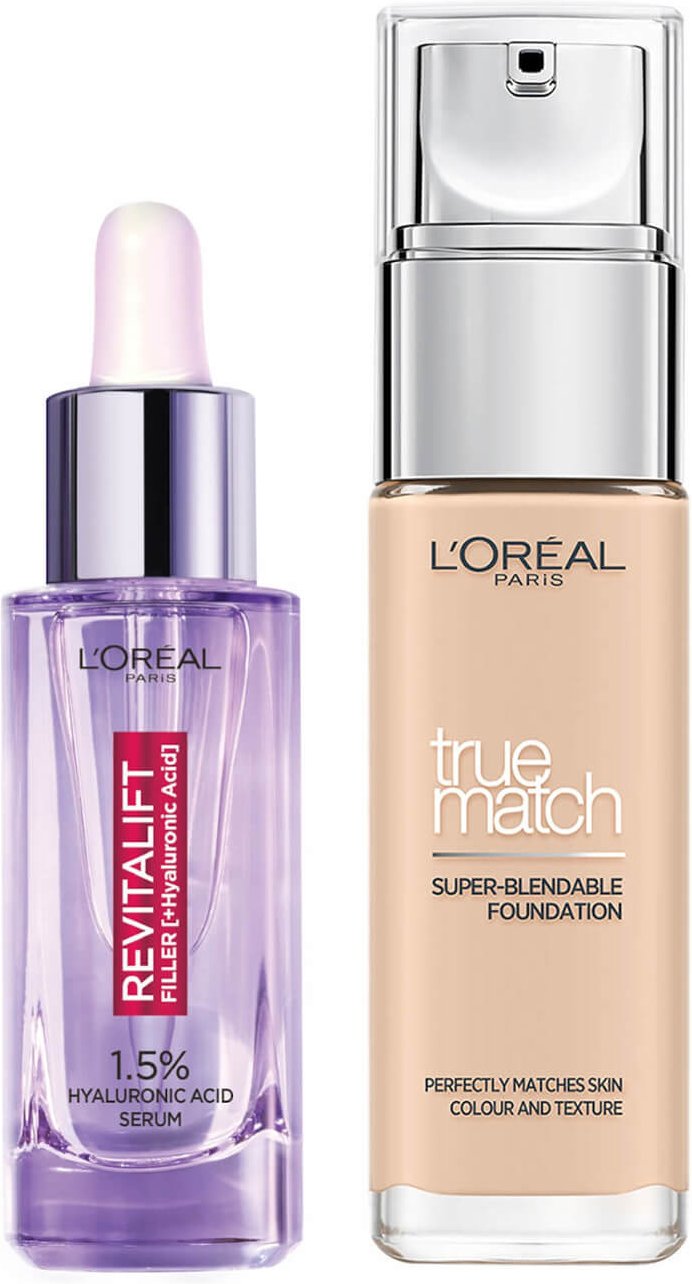 L’Oreal Paris Hyaluronic Acid Filler Serum and True Match Hyaluronic Acid Foundation Duo (Various Shades) - 0.5N Porcela...