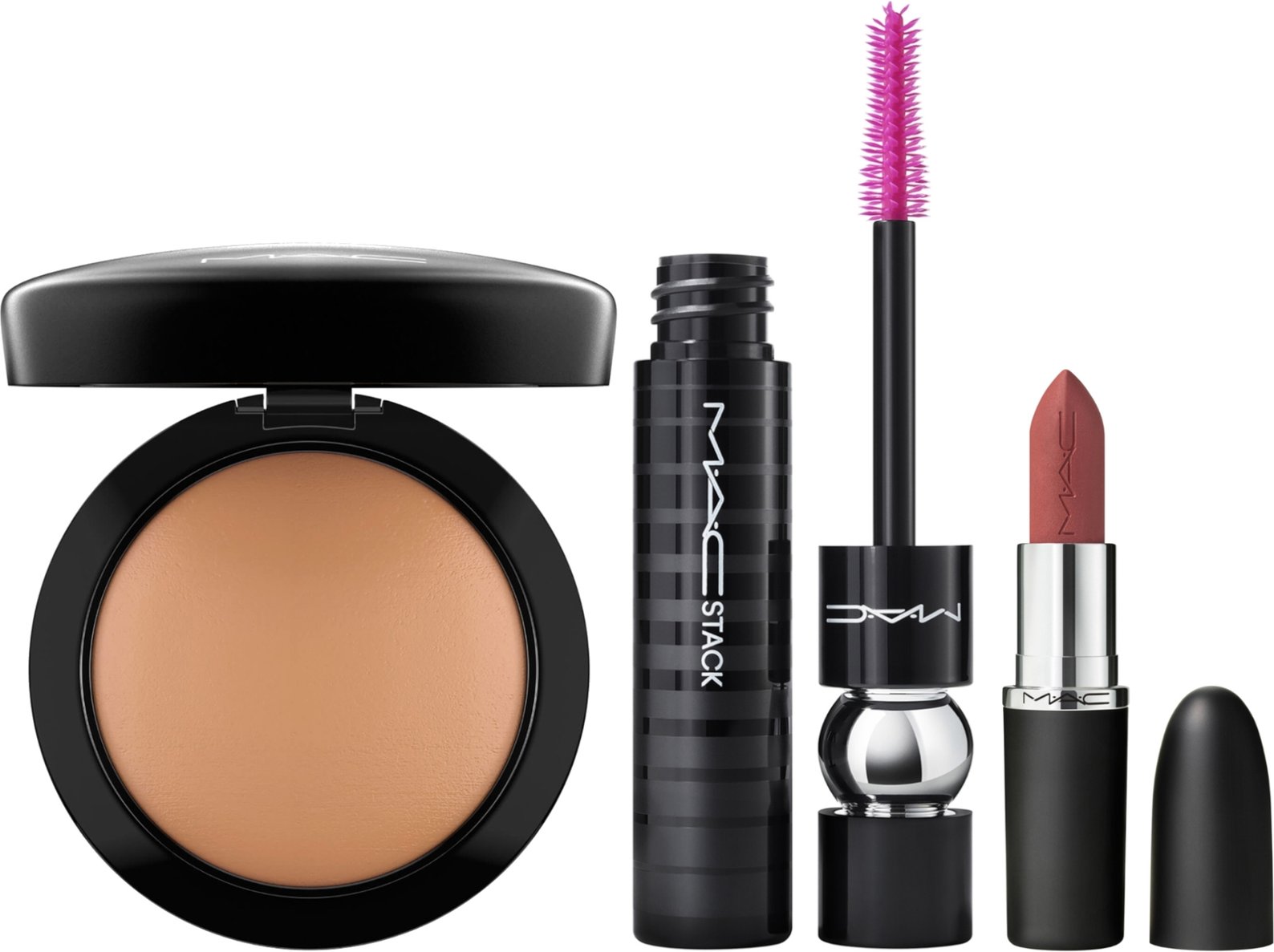 MAC HEROS - MACximal Lipstick Velvet Teddy, Min. Skinfinish Give Me Sun, Fix + Original 100ml and MACStack Black Mascara...