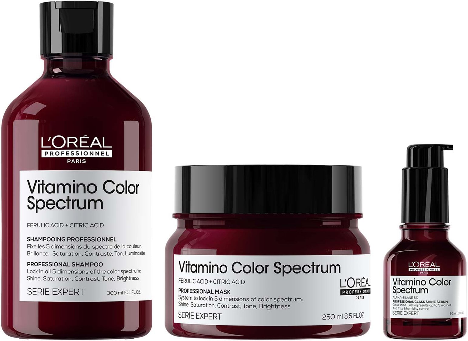 L'Oréal Professionnel Vitamino Color Spectrum Shampoo 300ml, Rinse Off Hair Mask 250ml and Serum 50ml Bundle for Coloure...
