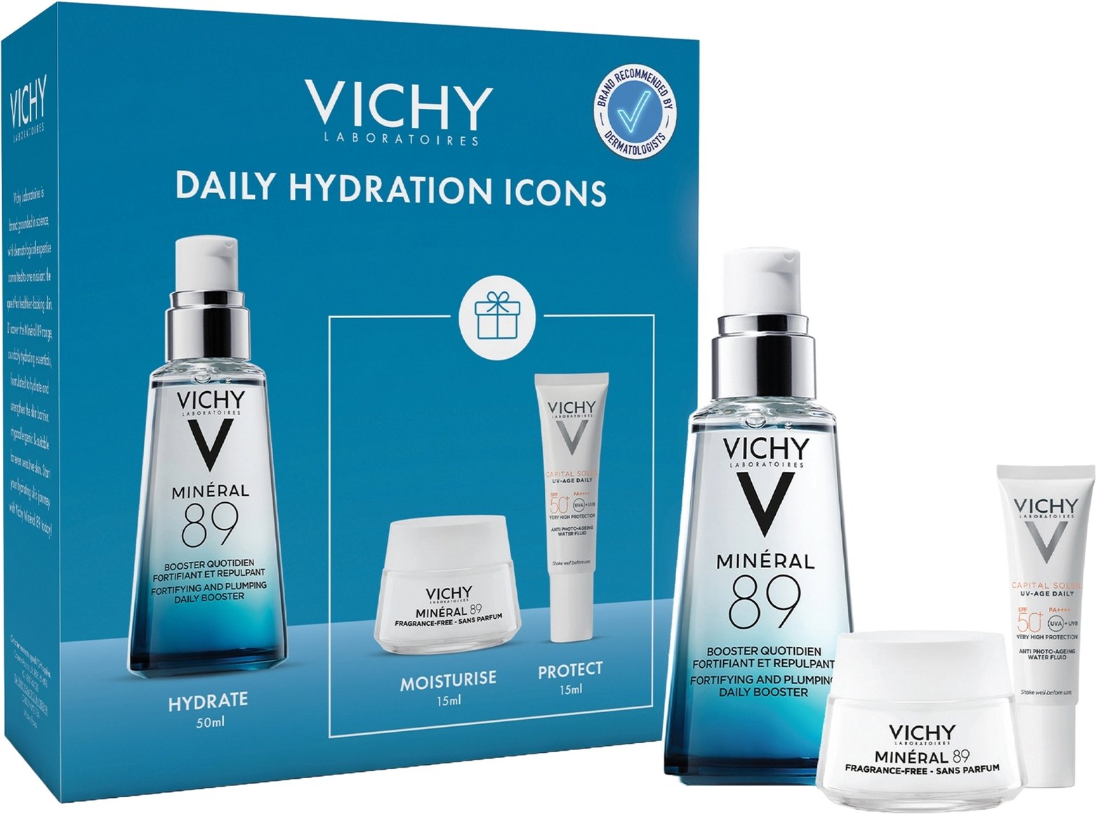 Vichy Mineral 89 Hyaluronic Acid Daily Hydration Kit: Serum, Moisturiser, and SPF50