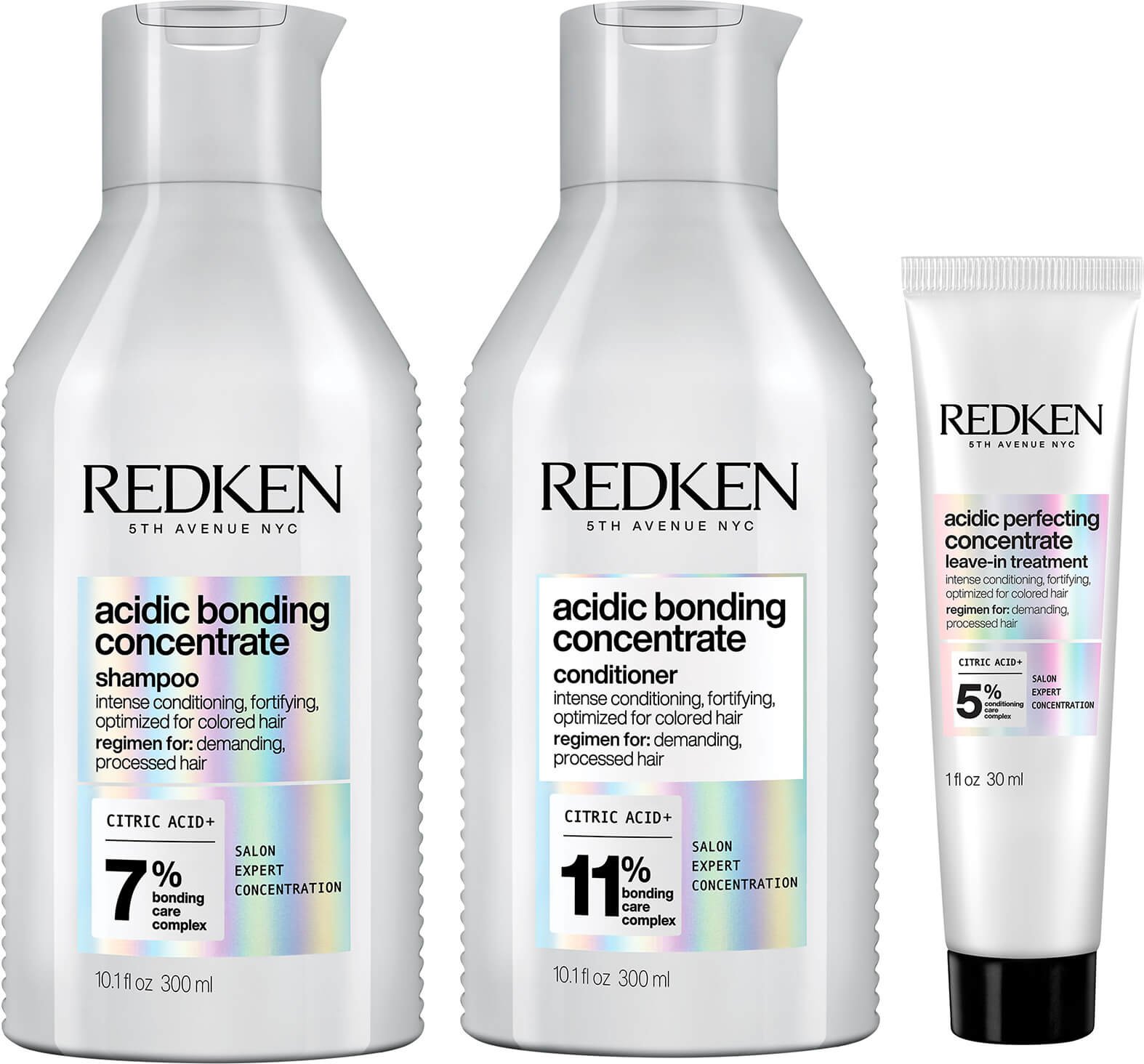 Redken Acidic Bonding Concentrate Shampoo 300ml, Conditioner 300ml and Leave-in Treatment 30ml Bundle