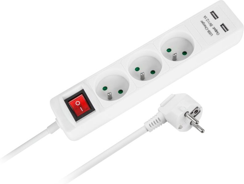 Verlängerungskabel-Steckdosenleiste 5 m, 3 Steckdosen, 2x USB, 3x 1,0 mm² Schalter, Rebel