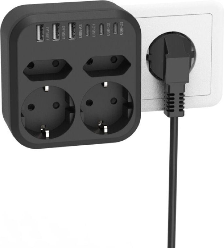 10-in-1-Steckdosenleiste mit 3500 W, EU, mit 4 AC-Steckdosen, 6 17-W-USB-Schnellladesteckdosen, 7 Sicherheitssystem-Über...