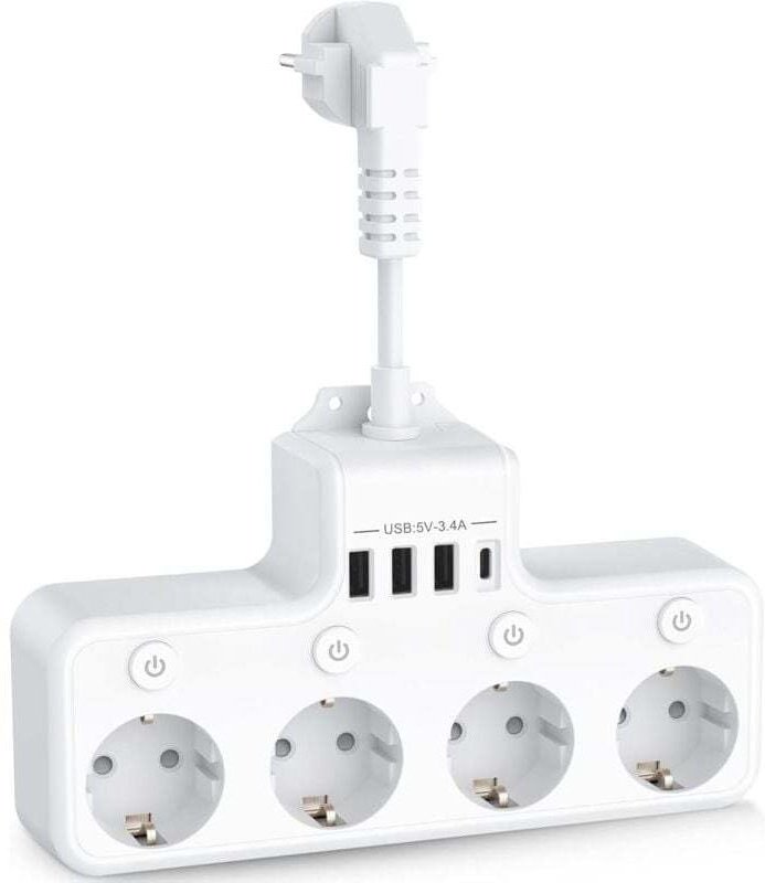 8-in-1 USB-Steckdosenleiste mit 4 Steckdosen, 4 USB-Anschlüssen und Reiseladegerät (5 V/3 A, 5 V/2,4 A), 3680 W, 16 A Me...