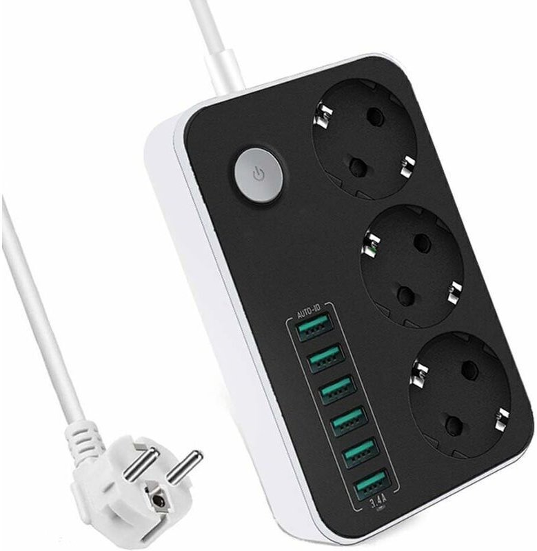 Steckdosenleiste mit 6 USB-Anschlüssen, 3 Fächern, 2500 W, 17 W, 5 V, 3,4 A, 1,6 m Kabel, mit Überlastschutzschalter.