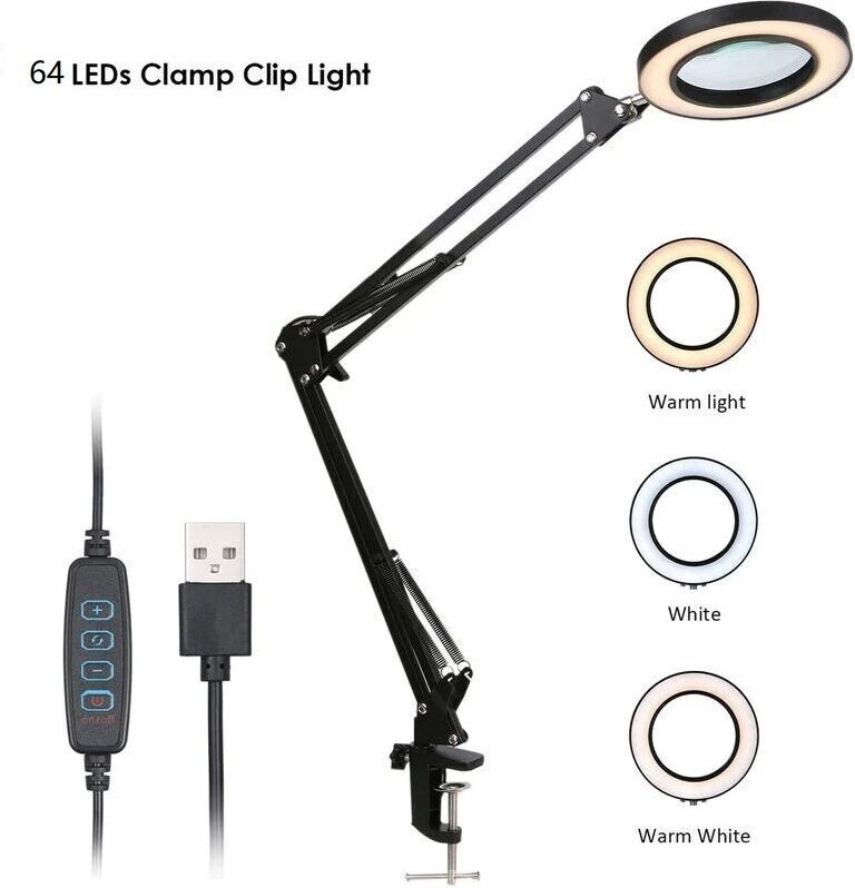 Lupe mit Clip LED Vergrößerung 5x Einstellbare Helligkeit Dimmbar 3 Farben Farbtemperaturwechsel Schreibtischlampe USB-b...