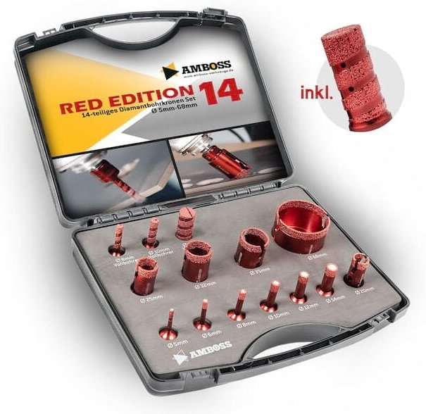 Amboss Werkzeuge - Amboss Red Edition 14 Diamant Bohrkronen Set ø 5-68 mm /