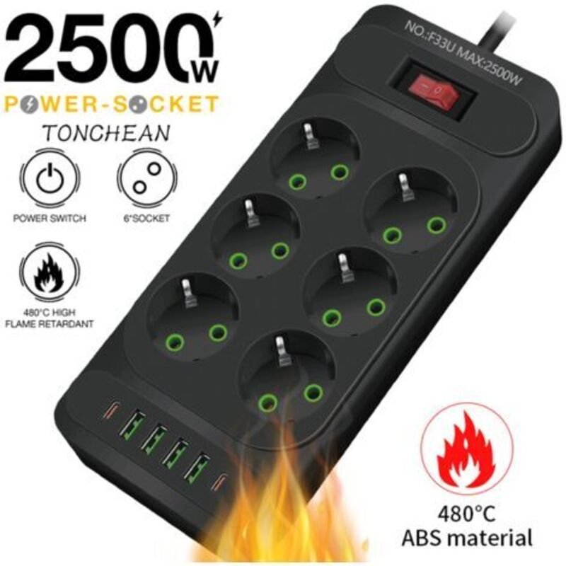 Steckdosenleiste mit 6 Steckdosen und 4 USB-Anschlüssen (2 USB-C-Anschlüsse), 12-in-1-Steckdosenleiste für Zuhause und B...