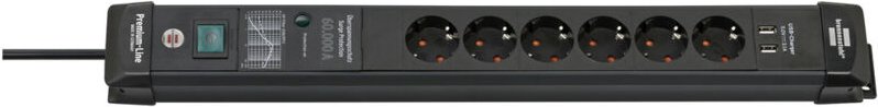 Brennenstuhl - berspannungsschutz-Steckdosenleiste Premium-Line 60.000A mit USB-Ladefunktion 6-fach schwarz 3m H05VV-F3G...