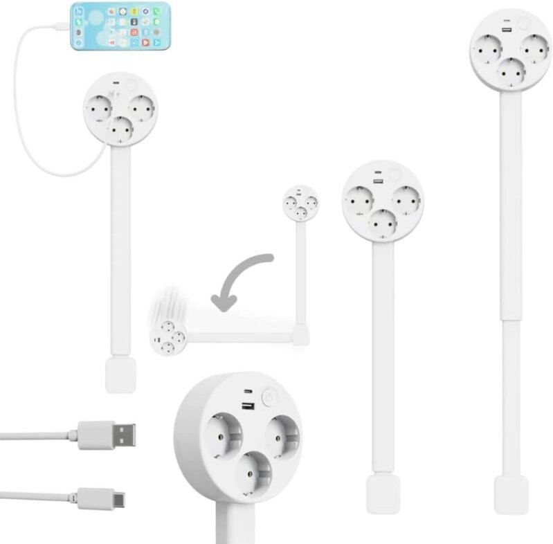 Steckdosen-Verlängerung mit ausziehbarer Verlängerungsstange (47-67 cm), 180° schwenkbar, 3-Fach Steckdose, USB-A und US...