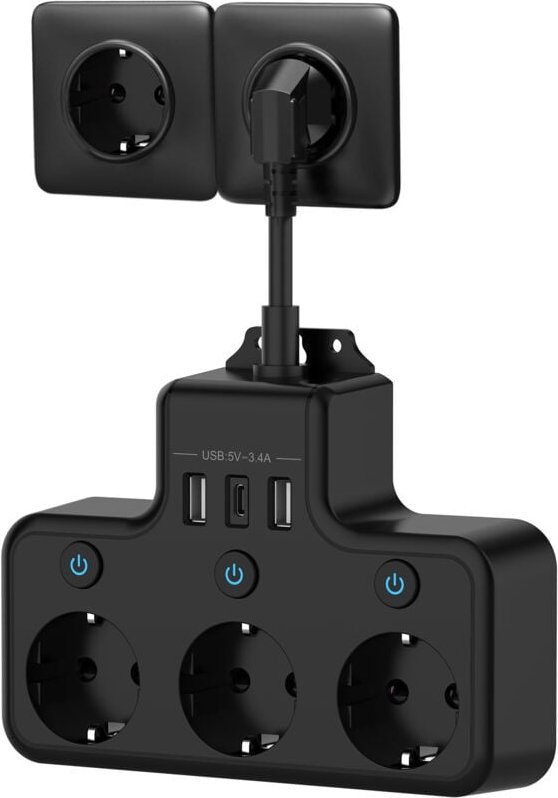 Mehrfachsteckdose mit Einzelschalter, Steckdosenleiste mit USB C 3 Steckdosen und 3 USB-Ladegeräten, Wandsteckdosenleist...