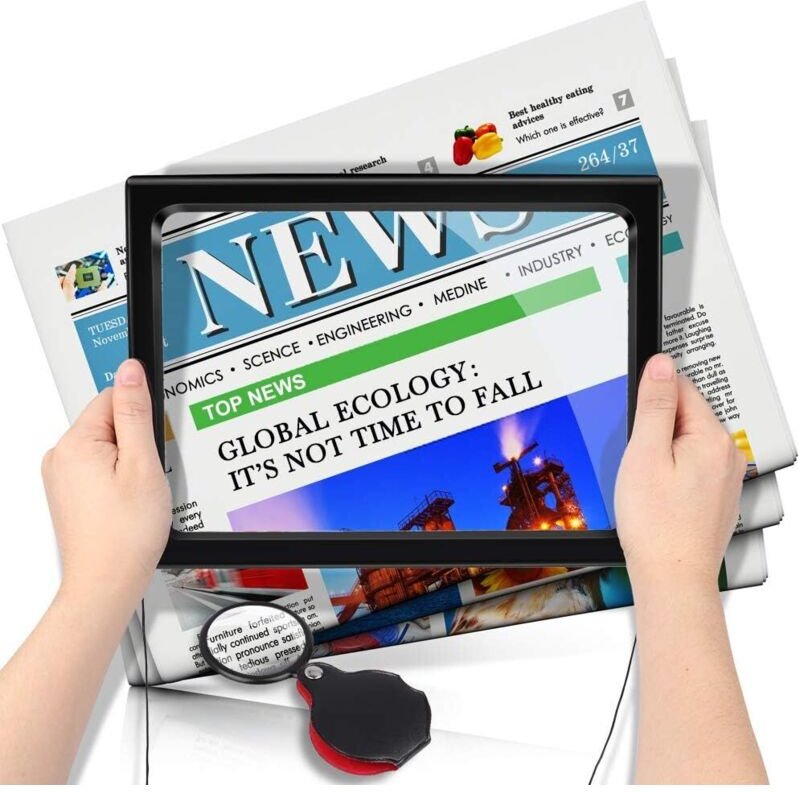 Leselupe mit LED-Licht, 3-fache Vergrößerung, A4, rechteckige beleuchtete Lupe mit Ständer, Vergrößerungslampe für Büche...