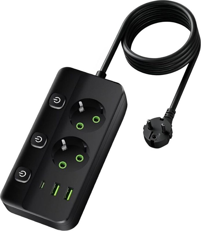 Steckdosenleiste mit Schalter, 5-in-1-Schnellladefunktion, 2 Steckdosen, 3 USB-C- und USB-A-Ladeanschlüsse, 2 m Verlänge...