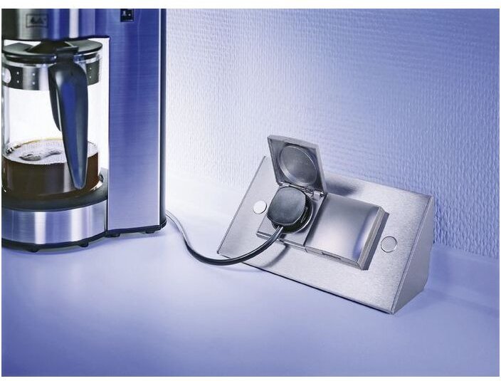 Thebo - Eck-Steckdosenelement 2-fach - Klappdeckel Edelstahloptik