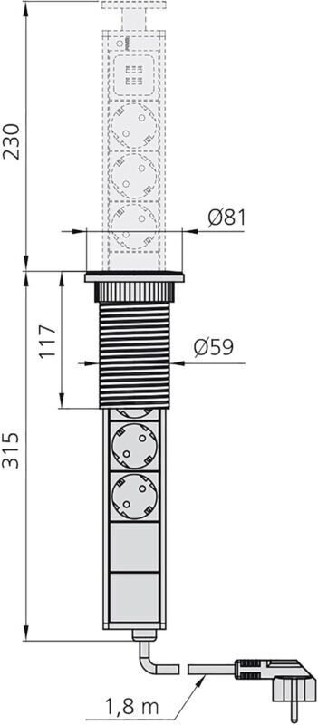 Vertikale Einbau-Steckdosenleiste mit 3 Schuko-EU-Steckdosen und 2 USB-Anschlüssen für Küche oder Büro