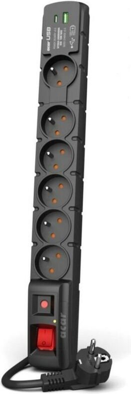 Acar W2437 Mehrfachstecker 6 Steckdosen 2 USB-Ports schwarz kompakt