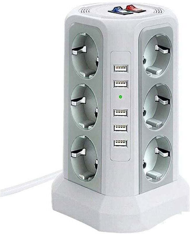 Turm-Steckdosenleiste mit Überspannungsschutz, elektrische Steckdosenleiste mit 5 USB-Anschlüssen und 12 Steckdosen, 3 S...