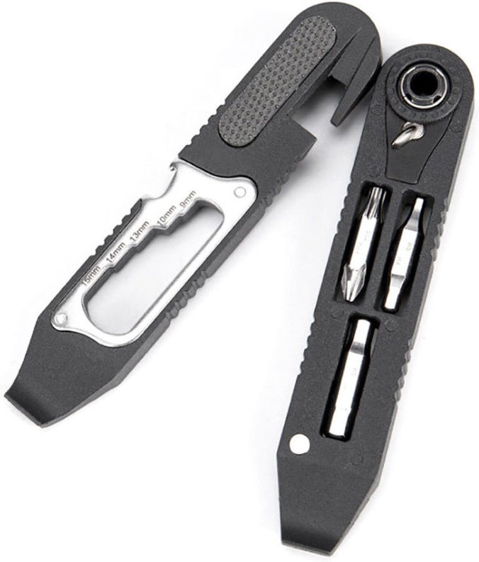 16-in-1-Multitool für Fahrräder mit Ratsche, Reifenheber und Mini-Reparaturset für Schläuche und Reifenpannen.