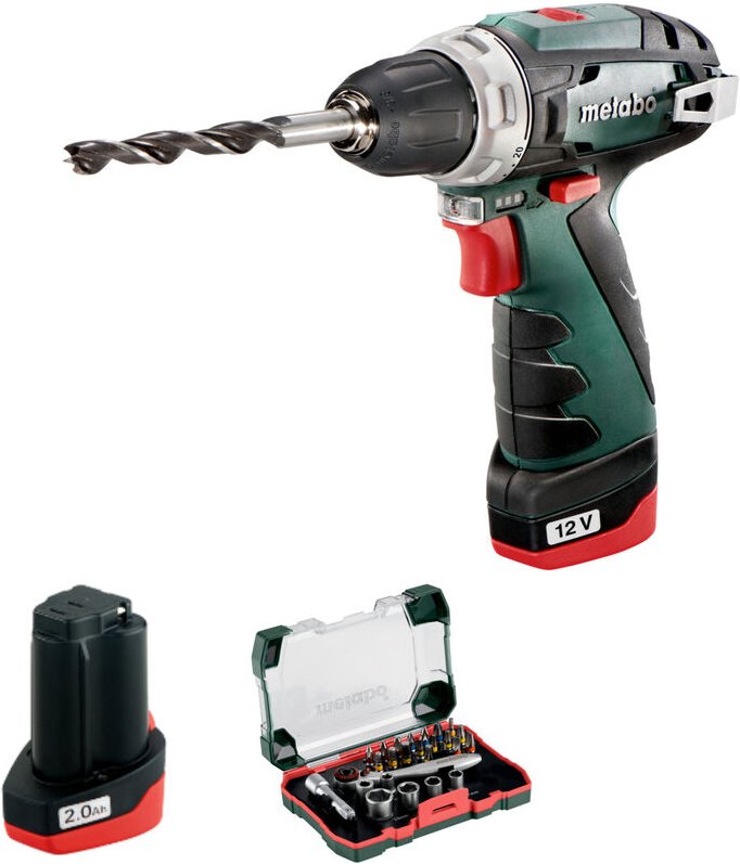 Metabo Akku-Bohrschrauber-Set PowerMaxx BS mit 2x 2,0 Ah + Ladegerät im Koffer + Bitset