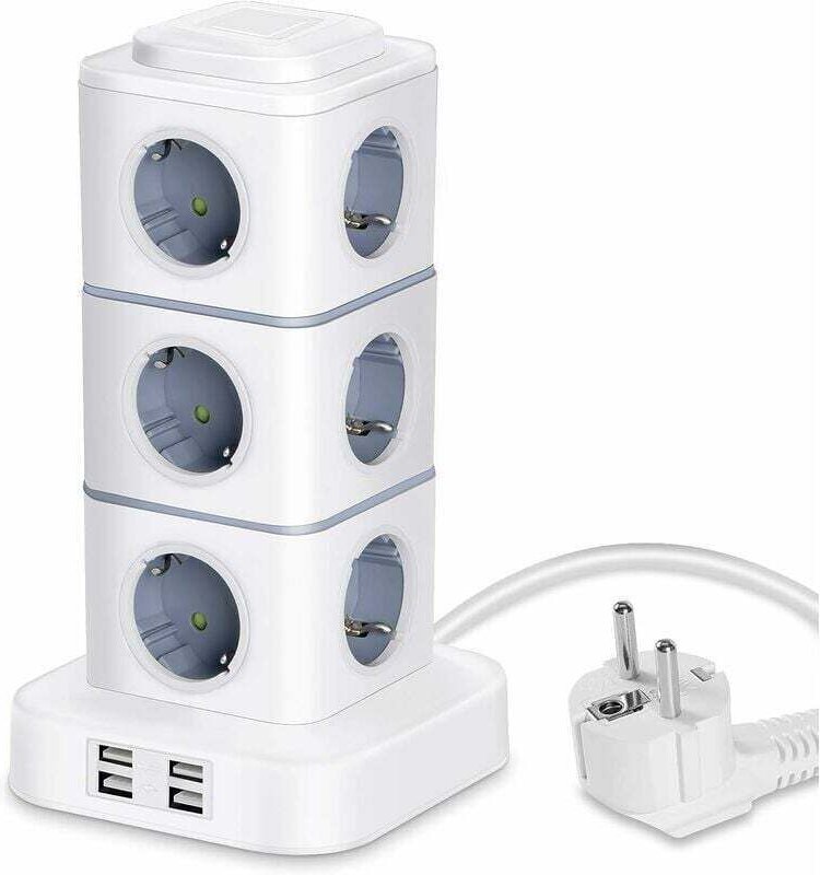 Ulisem Tower-Steckdosenleiste, 12 Steckdosen (2500 W/10 A) mit 4 USB-Anschlüssen, vertikale Steckdosenleisten mit Übersp...