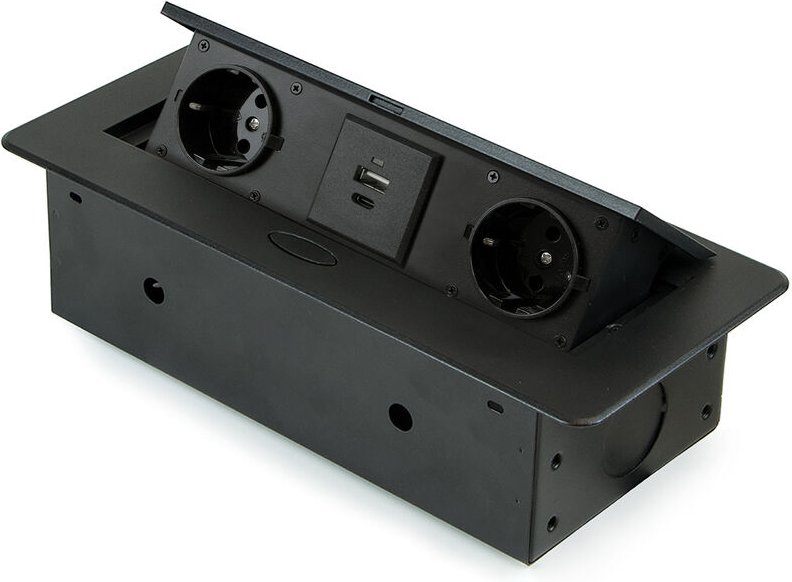 Desktop Multi-Connector Atom 26 Lite 225x111mm, 2 Schuko-Stecker, 1 usb Typ a, 1 usb Typ c, Zamak-Stahl-Kunststoff, Schw...