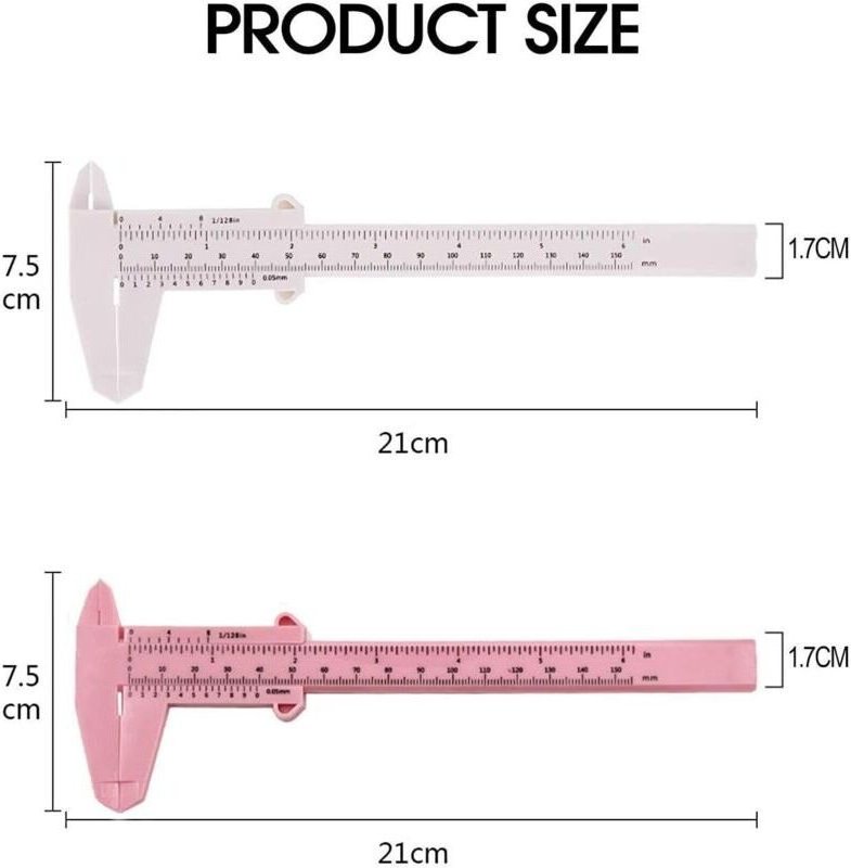 2-teiliger Kunststoff-Messschieber mit Doppelskala, Messwerkzeuge, Schülerlineal, Mini-Messlineal (Weiß, Rosa)