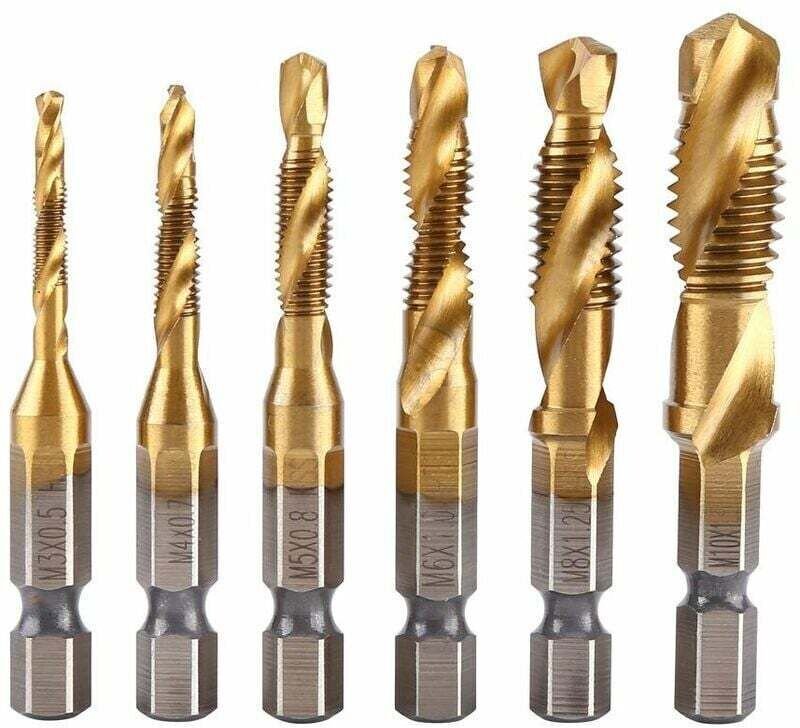 Satz von 6 Gewindebohrern, Gewindebohrer, metrisches Gewinde M3-M10 mit HSS-Titanbeschichtung und 1/4"-Gewindebohrer mit...