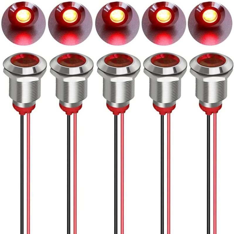 Stück 12 mm 12/24 vdc LED-Metallanzeige – wasserdichte Lichtsignal-Pilotlampe Richtungs-Armaturenbrett mit Draht (rot)
