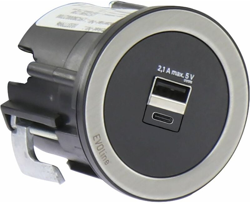 Thumbnail - Evoline One USB-Charger 2-fach Typ A+C, mit Abdeckring, KS schwarz/Edelstahl