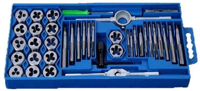 40-teiliges Gewindeschneid- und Schneideisen-Set zur Gewindereparatur, inklusive metrischer Gewindebohrer und Bohrer.