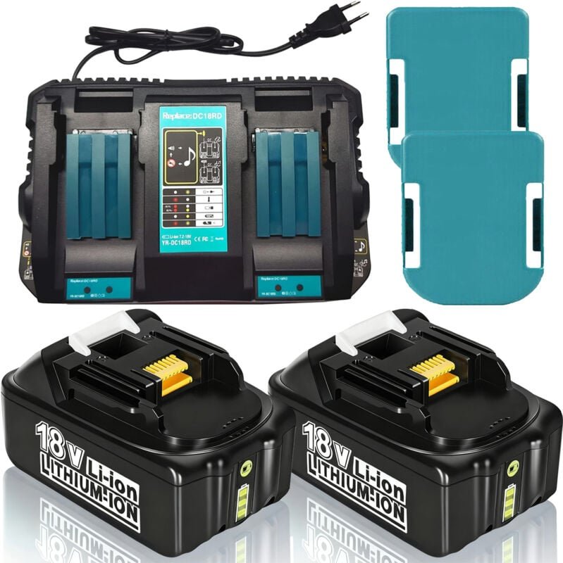 2er 18V 5,0Ah Ersatzakku für Makita BL1850B mit Schnellladegerät DC18RD Set für Makita 18Volt Li-ion LXT Akku BL1860B BL...