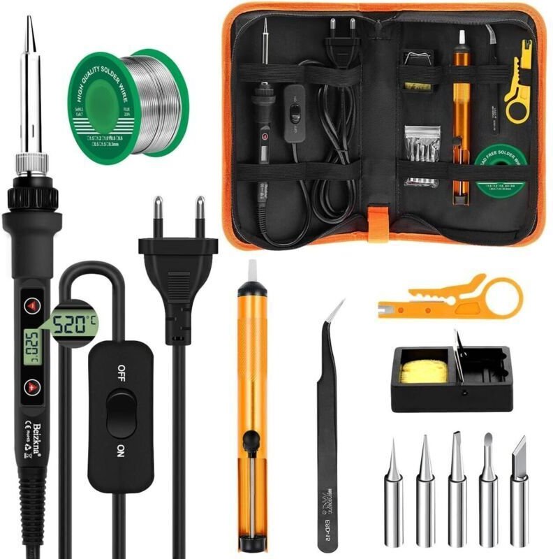 80-W-LCD-Lötkolben-Set mit einstellbarer Temperatur (180–520 °C), inklusive: Ein-/Ausschalter, 50 g Lötdraht, 5 Lötspitz...
