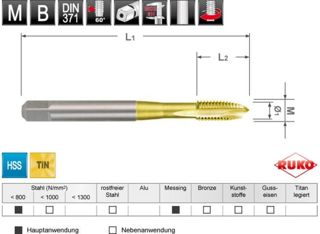 Ruko - Maschinengewindebohrer m din 371 HSS-TiN, Form b, m 4